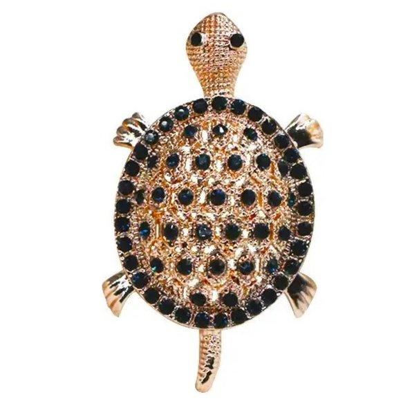 Turtle Brooch Rhinestone Pin Stylish Sea Sparkle Glam Gold Tone Metal Black - Picture 2 of 3